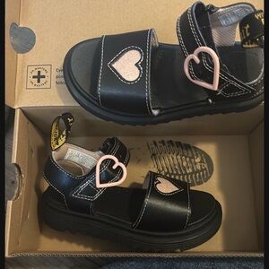 Dr. Martens Kids Black Sandals with Pink Heart Details